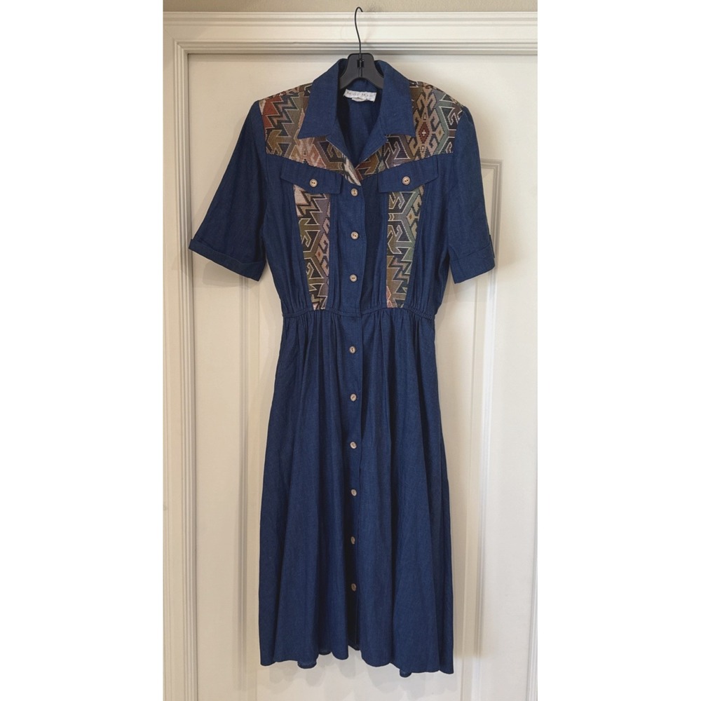 VTG Megan Moore Maxi Dress Women‎ Sz 12 Blue Denim Southwestern Aztec Prairie